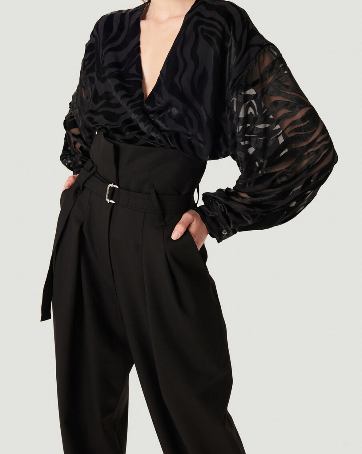 NURAT ZEBRA PRINT VELVET WRAP TOP image number null